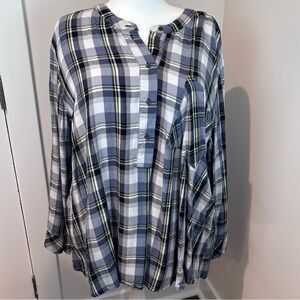 Lane Bryant Plaid Tunic Top Size 28 Blue Gray Black Rayon Long Sleeve